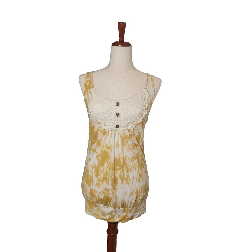 i ner Tied Dyed Tank Long‎ Lace Crochet Front with Wooden Buttons Large